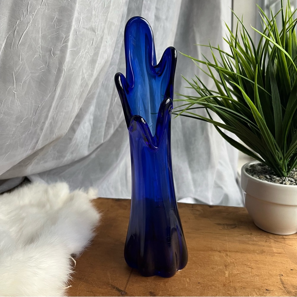 Vintage Cobalt Blue Five Finger Art Glass Stretch Swung Midcentury Modern
